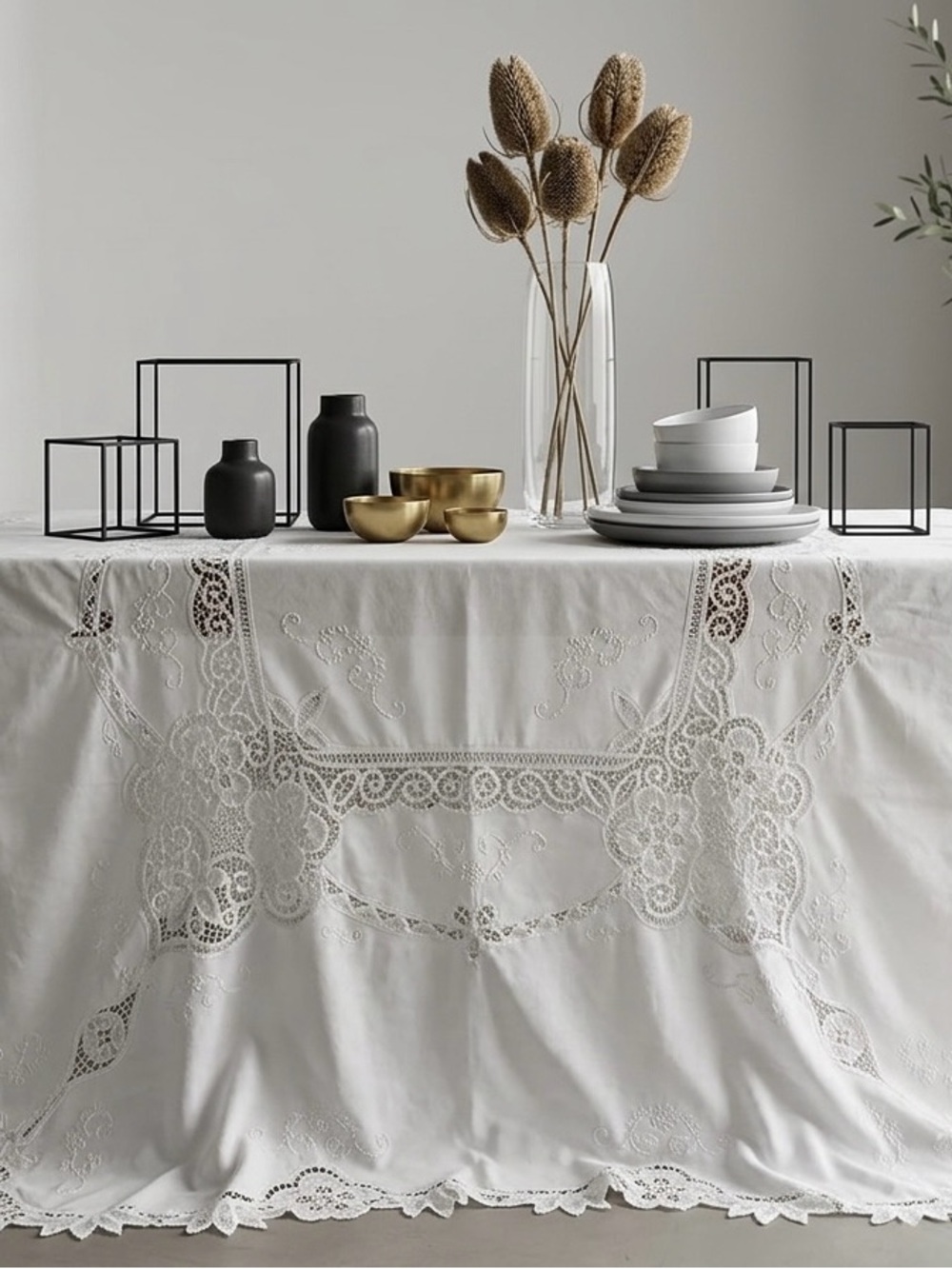 Vintage Authentic Polish Handmade White Lace & Cutwork Tablecloth.Heirloom Linen